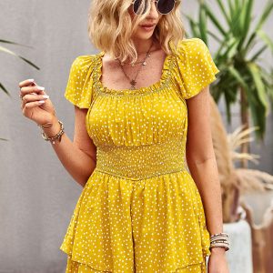 This Square Neck Print Jumpsuit Women's Summer Chic Shorts Design Made Of High Quality Polyster And Spandex Material. It Is Stretchy