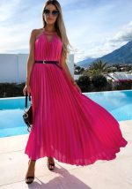 This Straps Sweet Slim Waist Bohemian Long Chiffon Pleated Dress With Belt Design Made Of High Quality Polyster And Spandex Material