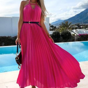 This Straps Sweet Slim Waist Bohemian Long Chiffon Pleated Dress With Belt Design Made Of High Quality Polyster And Spandex Material