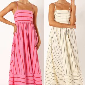 This Striped Sleeveless Straps Backless Casual Dress Design Made Of High Quality Polyster And Spandex Material