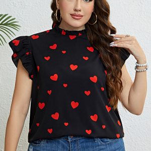 Questo cuore nero estivo stampa oversize Chic Casual Top fatto di tessuto confortevole ed elastico. È all'ingrosso Top sexy plus size per le donne. Con la graduale ascesa della consapevolezza femminista