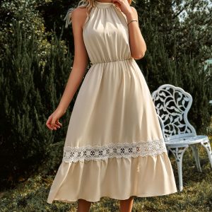 This Summer Casual Women's Fashion Solid Color Sleeveless Halter Neck Lace Dress Design Made Of High Quality Polyster And Spandex Material