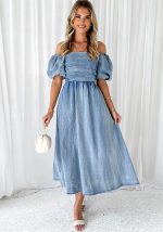 This Summer Chic Elegant Puff Sleeve Slim Waist Denim Long Dress Design Made Of High Quality Polyster And Spandex Material. It Come With Good Stretch And Wearing Comfortable. Women¡¯s Midi Dresses Is Omnipotent And Suit For All Kinds Of Occasions - Daily Wear