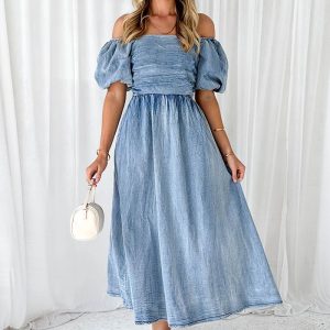 This Summer Chic Elegant Puff Sleeve Slim Waist Denim Long Dress Design Made Of High Quality Polyster And Spandex Material. It Come With Good Stretch And Wearing Comfortable. Women¡¯s Midi Dresses Is Omnipotent And Suit For All Kinds Of Occasions - Daily Wear