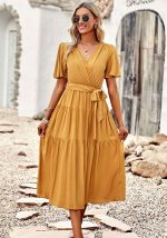 This Summer Chic Elegant Solid v-Neck Short Sleeve Casual Long Dress Design Made Of High Quality Polyster And Spandex Material