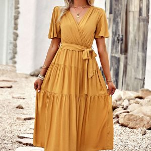 This Summer Chic Elegant Solid v-Neck Short Sleeve Casual Long Dress Design Made Of High Quality Polyster And Spandex Material