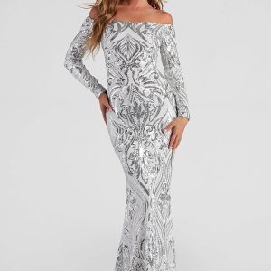 This Summer Chic Sequin Sexy Off Shoulder Formal Party Evening Long Dress Design Made Of Good Quality Polyster And Spandex Material