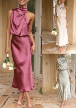 This Summer Chic Women's Sleeveless Halter Neck Solid Satin Dress Design Made Of High Quality Polyster And Spandex Material. It Come With Good Stretch And Wearing Comfortable. Women¡¯s Midi Dresses Is Omnipotent And Suit For All Kinds Of Occasions - Daily Wear