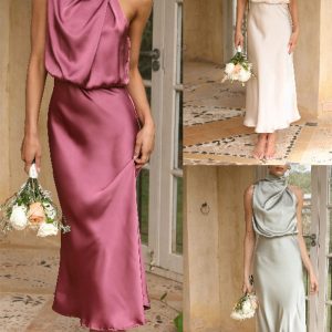 This Summer Chic Women's Sleeveless Halter Neck Solid Satin Dress Design Made Of High Quality Polyster And Spandex Material. It Come With Good Stretch And Wearing Comfortable. Women¡¯s Midi Dresses Is Omnipotent And Suit For All Kinds Of Occasions - Daily Wear