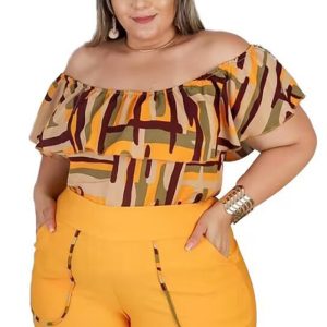 This Summer Contrast Geometric Print Plus Size Women's Casual Off Shoulder Two-Piece Shorts Set Design And Made Of Comfortable And Elastic Fabric. Wholesale Plus Size Two Piece Sets Is a Must-Have Item For Curvy Ladies. Two Piece Sets Can Either Be Worn Together Or Individually