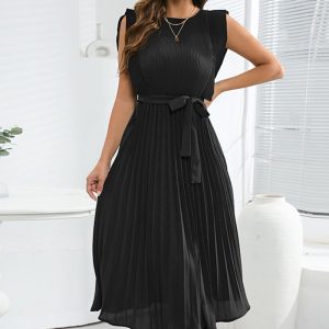 This Summer Elegant Ruffle Sleeve Pleated Midi Dress Solid Plus Size Dress Design Made Of High Quality Polyster And Spandex Material