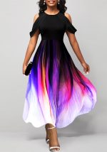 This Summer Elegant Sexy Gradient Print Short Sleeve Round Neck Swing Long Dress Design Made Of High Quality Polyster And Spandex Material