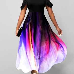 This Summer Elegant Sexy Gradient Print Short Sleeve Round Neck Swing Long Dress Design Made Of High Quality Polyster And Spandex Material