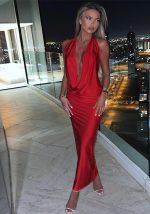 This Summer Fashion Chic Sexy v-Neck Halter Neck Low Back Slim Sleeveless Dress Design Made Of High Quality Polyster And Spandex Material. It Is Stretchy