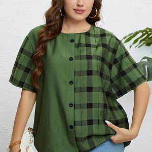 This Summer Green Round Neck Plaid Casual Top Made Of Comfortable And Elastic Fabric. It Is Wholesale Sexy Plus Size Tops For Women. With The Gradual Rise Of Feminist Awareness