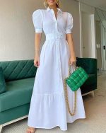 This Summer High Waist Chic Solid Midi Dress Slim Fit Dress With Belt Design Made Of High Quality Polyster And Spandex Material