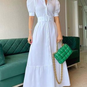 This Summer High Waist Chic Solid Midi Dress Slim Fit Dress With Belt Design Made Of High Quality Polyster And Spandex Material