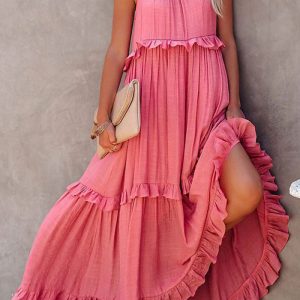 This Summer Holidays Ruffle Long Dress Swing Elegant Beach Dress Women Design Made Of High Quality Polyster And Spandex Material