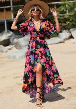 This Summer Holidays Tie Dyed Print Bubble Sleeve Split Irregular Beach Dress Design Made Of High Quality Polyster And Spandex Material