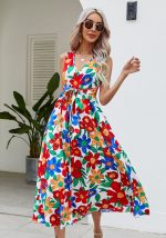 This Summer Holidays v-Neck Waistband Big Flower Beach Dress Design Made Of High Quality Polyster And Spandex Material. It Come With Good Stretch And Wearing Comfortable. Women¡¯s Midi Dresses Is Omnipotent And Suit For All Kinds Of Occasions - Daily Wear