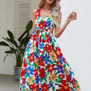 This Summer Holidays v-Neck Waistband Big Flower Beach Dress Design Made Of High Quality Polyster And Spandex Material. It Come With Good Stretch And Wearing Comfortable. Women¡¯s Midi Dresses Is Omnipotent And Suit For All Kinds Of Occasions - Daily Wear