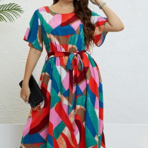 This Summer Lace-Up Slim Waist Patchwork Multi-Color Dress Women Made Of Soft And Elastic Fabric. Global Lover Wholesale Plus Size Dresses And Hope Curvy Ladies Find Here a Warm And Exciting Place To Shop Affordable Curvy Dresses Online - Plus Size Casual