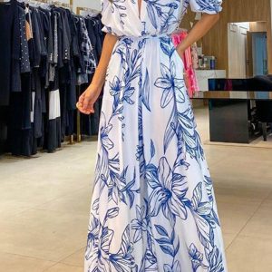 This Summer Ladies Fashion v Neck Loose Maxi Print Dress Design Made Of High Quality Polyster And Spandex Material