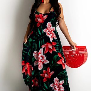 This Summer Ladies Floral Print Loose Strap Dress Maxi Dress Design Made Of High Quality Polyster And Spandex Material