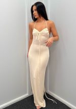 This Summer Ladies Long Dress Solid Color Sexy Low Back Straps Halter Bodycon Dress Design Made Of High Quality Polyster And Spandex Material