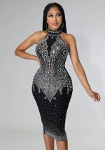 This Summer Ladies Sex Club Sleeveless Halter Neck Beaded Midi Dress Design Made Of High Quality Polyster And Spandex Material