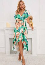 This Summer Ladies Wrap v Neck Bat Sleeves Floral Print Irregular Casual Dress Design Made Of High Quality Polyster And Spandex Material. It Is Stretchy