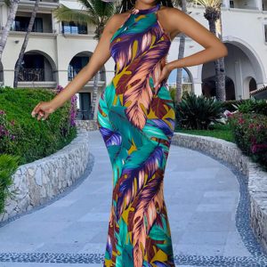 This Summer Multi-Color Feather Print Fashion Hollow Sleeveless Dress Design Made Of High Quality Polyster And Spandex Material