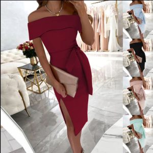 This Summer Off Shoulder Plain Lace-Up Regular Slit Dress Design Made Of High Quality Polyster And Spandex Material