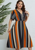 This Summer Patchwork v-Neck Slim Waist Slim Fit Dress Made Of Soft And Elastic Fabric. Global Lover Wholesale Plus Size Dresses And Hope Curvy Ladies Find Here a Warm And Exciting Place To Shop Affordable Curvy Dresses Online - Plus Size Casual