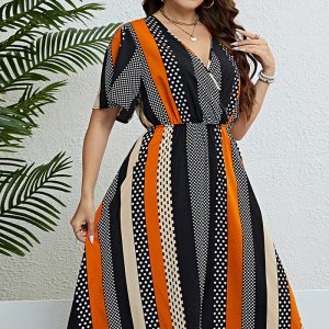 This Summer Patchwork v-Neck Slim Waist Slim Fit Dress Made Of Soft And Elastic Fabric. Global Lover Wholesale Plus Size Dresses And Hope Curvy Ladies Find Here a Warm And Exciting Place To Shop Affordable Curvy Dresses Online - Plus Size Casual