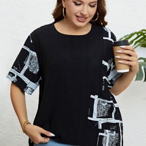 This Summer Plus Size Irregular Print Pocket Relaxed Shirt Made Of Comfortable And Elastic Fabric. It Is Wholesale Sexy Plus Size Tops For Women. With The Gradual Rise Of Feminist Awareness