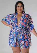 This Summer Plus Size Loose Print Blouse Lace-Up Shorts Multi-Color Two-Piece Set Design And Made Of Comfortable And Elastic Fabric. Wholesale Plus Size Two Piece Sets Is a Must-Have Item For Curvy Ladies. Two Piece Sets Can Either Be Worn Together Or Individually