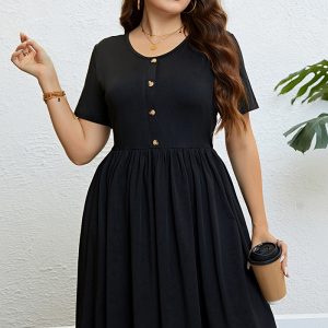 This Summer Plus Size Women Black Round Neck a-Line Casual Dress Made Of Soft And Elastic Fabric. Global Lover Wholesale Plus Size Dresses And Hope Curvy Ladies Find Here a Warm And Exciting Place To Shop Affordable Curvy Dresses Online - Plus Size Casual