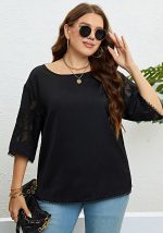 This Summer Plus Size Women Black Round Neck Lace Sleeve Loose Top Made Of Comfortable And Elastic Fabric. It Is Wholesale Sexy Plus Size Tops For Women. With The Gradual Rise Of Feminist Awareness