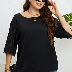 This Summer Plus Size Women Black Round Neck Lace Sleeve Loose Top Made Of Comfortable And Elastic Fabric. It Is Wholesale Sexy Plus Size Tops For Women. With The Gradual Rise Of Feminist Awareness