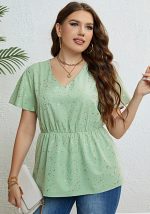 This Summer Plus Size Women v-Neck Light Green Slim Waist Slim Fit Top Made Of Comfortable And Elastic Fabric. It Is Wholesale Sexy Plus Size Tops For Women. With The Gradual Rise Of Feminist Awareness