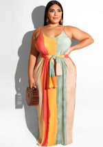 This Summer Plus Size Women's Striped Loose Belt Strap Maxi Dress Made Of Soft And Elastic Fabric. Global Lover Wholesale Plus Size Dresses And Hope Curvy Ladies Find Here a Warm And Exciting Place To Shop Affordable Curvy Dresses Online - Plus Size Casual