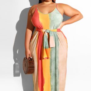 This Summer Plus Size Women's Striped Loose Belt Strap Maxi Dress Made Of Soft And Elastic Fabric. Global Lover Wholesale Plus Size Dresses And Hope Curvy Ladies Find Here a Warm And Exciting Place To Shop Affordable Curvy Dresses Online - Plus Size Casual