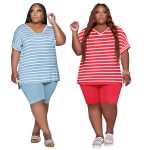 This Summer Plus Size Women's Tops Small Split Cotton Fashion Striped Two-Piece Set Design And Made Of Comfortable And Elastic Fabric. Wholesale Plus Size Two Piece Sets Is a Must-Have Item For Curvy Ladies. Two Piece Sets Can Either Be Worn Together Or Individually