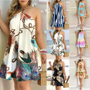 This Summer Print Halter Neck Short Beach Dress Design Made Of High Quality Polyster And Spandex Material. It Is Stretchy