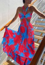 This Summer Print v Neck Sleeveless Halter Boho Dress Design Made Of High Quality Polyster And Spandex Material