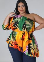 This Summer Printed Plus Size Ladies One Shoulder Long Sleeve Lace Up Top Made Of Comfortable And Elastic Fabric. It Is Wholesale Sexy Plus Size Tops For Women. With The Gradual Rise Of Feminist Awareness