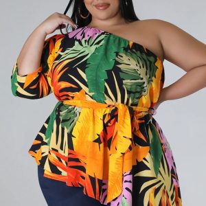 This Summer Printed Plus Size Ladies One Shoulder Long Sleeve Lace Up Top Made Of Comfortable And Elastic Fabric. It Is Wholesale Sexy Plus Size Tops For Women. With The Gradual Rise Of Feminist Awareness