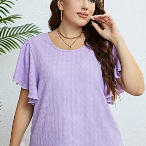 Dieser Sommer lila Rundhalsausschnitt Ruffle Sleeve Plus Size Women's Top aus bequemen und elastischen Stoffen. Es ist Großhandel Sexy Plus Size Tops für Frauen. Mit dem allmählichen Anstieg des feministischen Bewusstseins