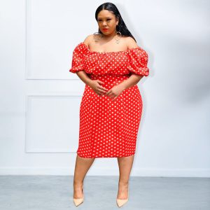 This Summer Red Polka Dot Print Puff Sleeve Plus Size Off Shoulder Chic High Dress Made Of Soft And Elastic Fabric. Global Lover Wholesale Plus Size Dresses And Hope Curvy Ladies Find Here a Warm And Exciting Place To Shop Affordable Curvy Dresses Online - Plus Size Casual